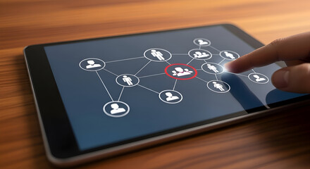 Finger touching a digital tablet displaying a connected network of user icons symbolizing social media connections or team management on a wooden desk surface