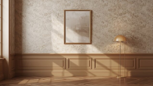 Traditional wall decor combined with contemporary framing and gold lighting, ideal for layout backgrounds