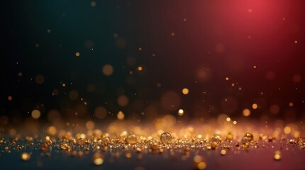 Abstract background with sparkling golden glitter particles on a dark teal and red gradient backdrop, festive bokeh lights