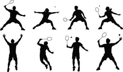 Dynamic Badminton Player Silhouettes Vector Set, Action Poses of Athletes Performing Smashes and Jumps, Black and White Sport Graphic Illustration for Tournament Posters and Design.
