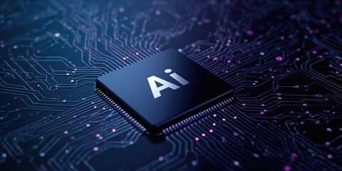 Dark-themed chip featuring an AI logo, used for branding in electronic devices