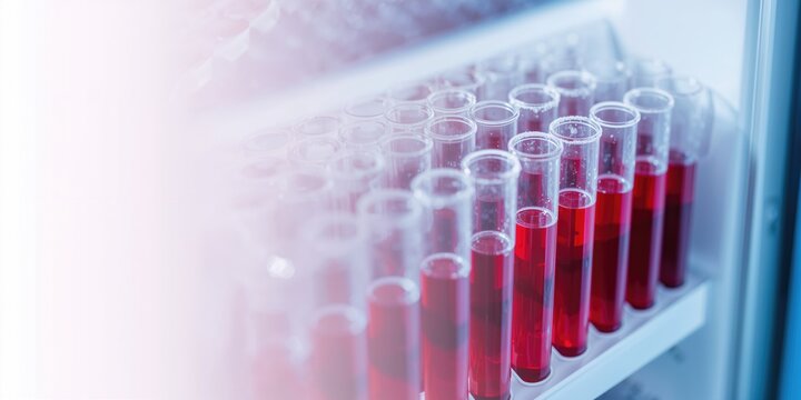 Frozen blood tube samples stored in a laboratory refrigerator for DNA and RNA preservation, scientific research focus