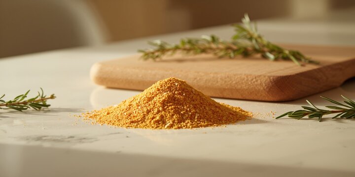 Heap of golden chicken powder granules, serving as a flavor enhancer in culinary settings, focusing on ingredient purity