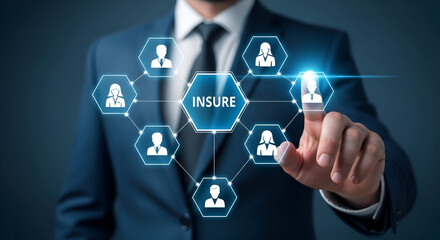 Businessman interacting with a glowing digital network interface centered on the word insure connecting various client profile icons in a professional dark setting