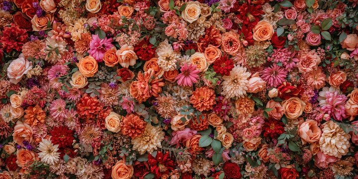 Close-up of a vibrant flower wall with colorful blooms used as a decorative backdrop for weddings and celebrations, floral arrangement focus
