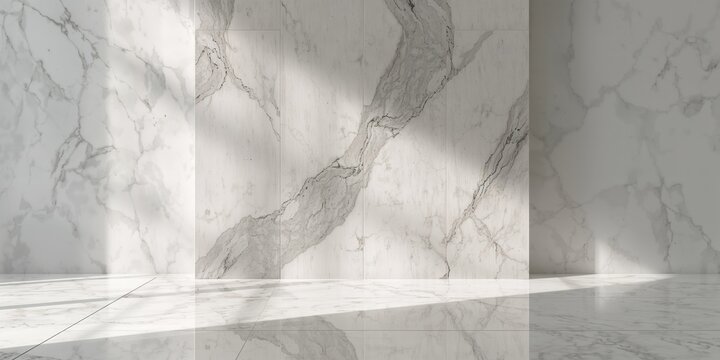 Fototapeta Modern interior design with ceramic wall and floor tiles using polished Carrara marble textures, ideal for contemporary decor