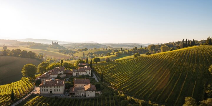 Medieval town in Piedmont from above during summer, scenic landscape with hills, agriculture, and historic buildings, tourism, seasonal change
