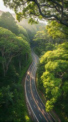 Scenic Winding Forest Highway &ndash; Tropical Green Canopy Aerial Shot
