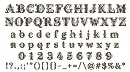 font alphabet in ornate vintage style from a to z numbers punctuation isolated on white background