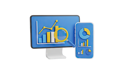 Digital Business Analytics Dashboard Displayed on Computer Monitor and Smartphone Screen with Charts Graphs and Magnifying Glass Symbolizing Data Analysis and Research