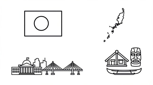 outlined palau icon set including national flag simplified map shape skyline landmarks and cultural symbols consistent line style