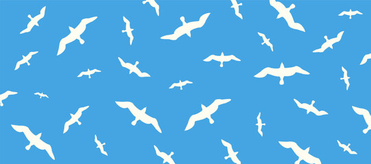 Seagulls soaring in the cloudless blue sky. Horizontal patterned background