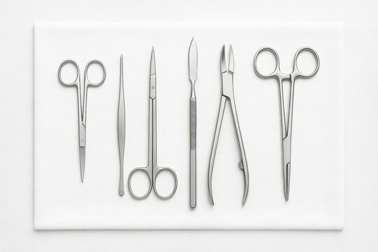 Sterile Surgical Tools Layout &ndash; Stainless Steel Instruments on White Cloth, Top View