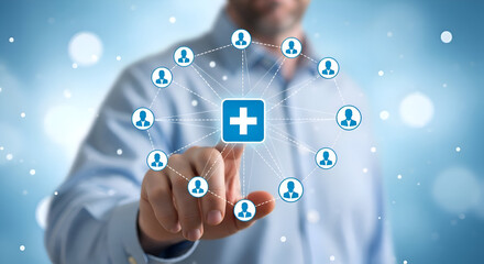 Businessman interacts with a digital network connecting multiple user profiles to a central medical health services icon on a blue background symbolizing healthcare connectivity and patient care manag