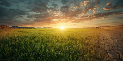 Obraz premium Climate change impact on arid landscapes, showing desert expansion over farmland, emphasizing environmental erosion