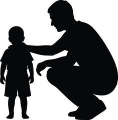 Father and Young Son Silhouette: Bonding Moment, Parent's Love, Care, and Protection, Childhood, Family Connection, Paternal Guidance, Black Graphic, Vector, White Background.