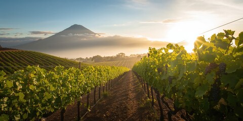 Fototapeta premium Vineyard landscape in Tenerife viewed from above, seasonal grape harvest timing