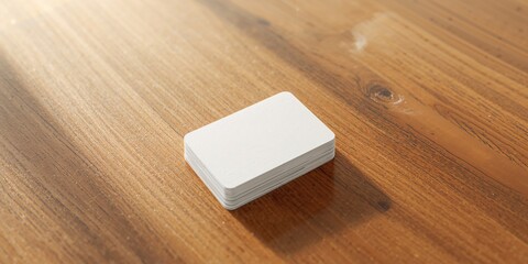 Office stationery featuring business cards on a wood-textured table, focusing on layout and layout efficiency
