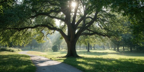 A lush green forest with tall trees, seasonal change and preservation efforts