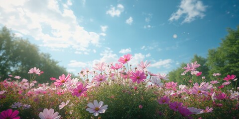 Naklejka premium Bright cosmos blossoms under a blue sky in a garden setting, ideal for floral design backgrounds