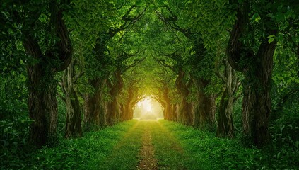 Obraz premium Tree-lined passageway with dense foliage opening to sunlight, ideal for environmental conservation campaigns