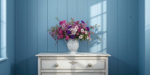 Colorful Aster flowers bouquet arranged on bright wooden chest in a blue painted room, serving as a vibrant lifestyle background