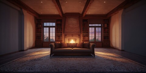 Fototapeta premium A home lounge featuring a fireplace and bookshelf, suitable for layout and decor planning