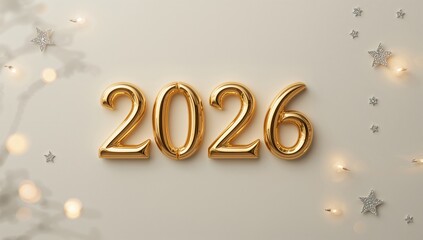 Top-down view of shiny gold numerals on a white surface, suited for New Year greeting designs, 2026 Happy New Year
