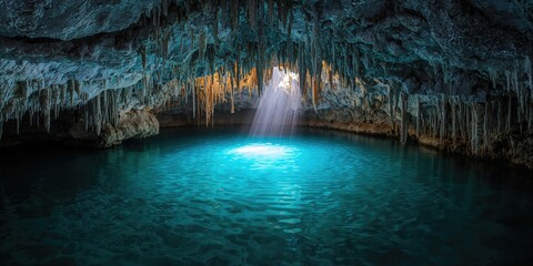 Naklejka premium Crystal clear water in Cenote XKeken in Dzitnup village near Valladolid, natural erosion and seasonal mineral deposits