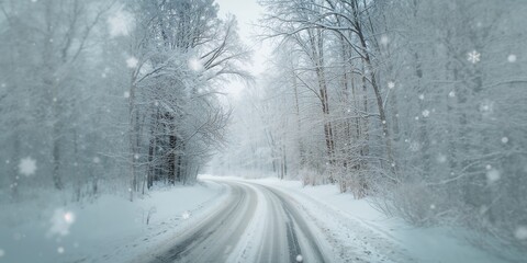 Obraz premium Snowy winter landscape showing a winding road and snow-laden trees, ideal as a background for seasonal content