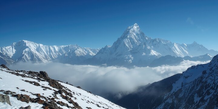 Snow-covered landscape in the Kanchenjunga range with blue sky, winter travel and nature, Earth Day