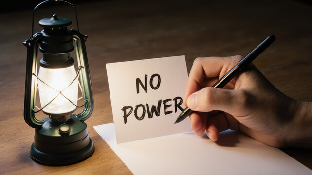 Handwriting no power on paper next to lantern during blackout emergency indoors