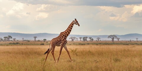 Giraffe in an open savanna during dry season, highlighting seasonal wildlife habitat
