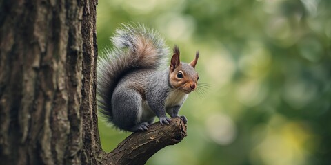 Fototapeta premium Wildlife scene featuring a squirrel resting on a tree branch, highlighting animal behavior and natural environment