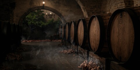 Row of wine barrels used for aging wine, fermentation process, World Malaria Day