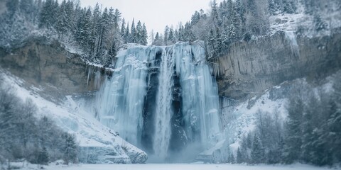 Icefall in winter at a frozen waterfall with ice formations, natural erosion risk, winter season