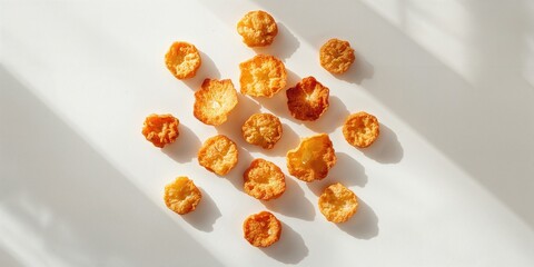 Close-up of crunchy bread crisps arranged on a white background, focusing on snack quality and texture