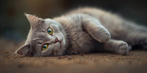 Selective shot of a British Shorthair cat resting on floor, highlighting feline repose