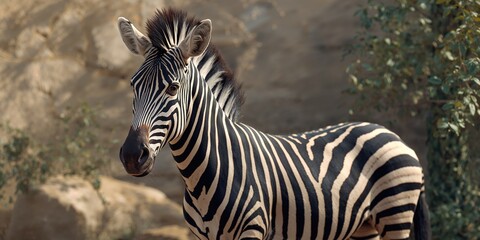Obraz premium Zebra within an animal habitat, highlighting its distinctive black and white stripes for animal behavior study