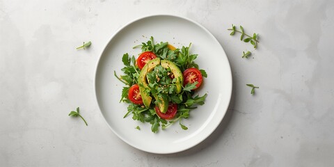 Vegan salad with avocado, tomato, and arugula, fiber-dense ingredients for nutritious meals