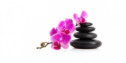 Orchid flowers and stones arranged on a white background, suitable for floral design and decorative layout, World Environment Day