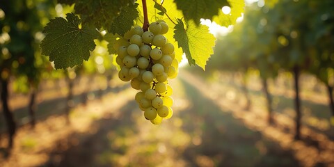 Obraz premium Sunlit soil and lush green grapevine leaves encircle low-hanging grapes in a vineyard, highlighting harvest season