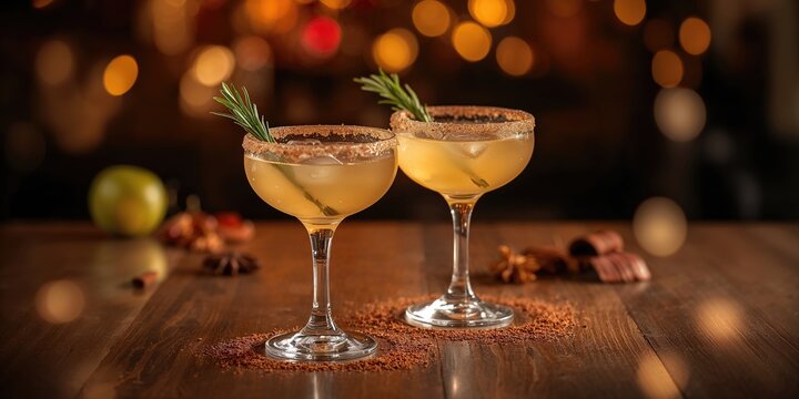 Apple margarita with spices and rosemary in glasses, flavor enhancement, World Cocktail Day - Powered by Adobe