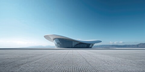 Modern curved building with brick square facade used as an urban architectural feature, structural design