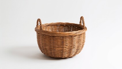 Obraz premium Antique woven wicker basket on plain background, designed for traditional storage or display, World Environment Day