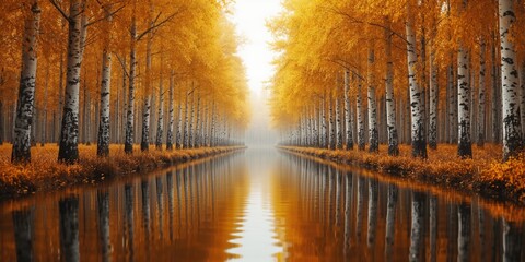 Obraz premium Calm water reflecting a line of yellowed birch trees during autumn, seasonal transition