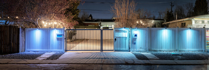 An automated gate stands ajar, illuminated by bright LED indicators, showcasing solar cells. It adds a modern touch and security to a residential property under the night sky, banner