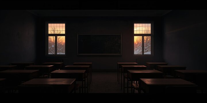 Dark classroom interior with large scenic windows natural light, suitable for educational background use