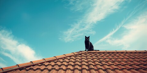 Dark feline figure perched on a branch with a vibrant blue sky backdrop, highlighting natural behavior
