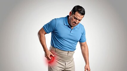 Man Experiencing Hip Pain Demonstration, A Sequence of Actions Depicting Physical Discomfort